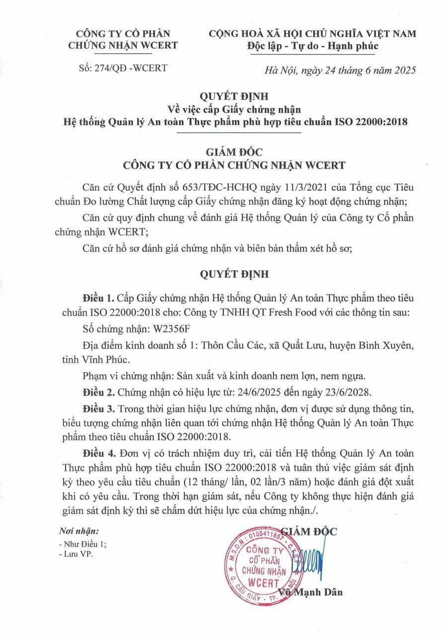 Quyết định cấp chứng nhận số 274/QĐ-WCERT